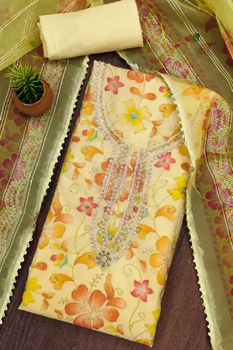 yellow organza sequins dress material