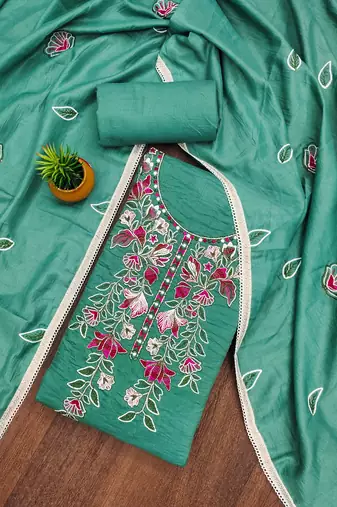sea green cotton embroidered dress material