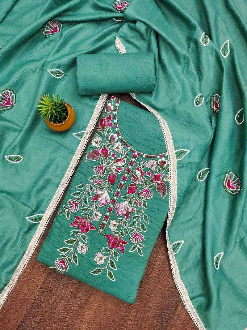 sea green cotton embroidered dress material