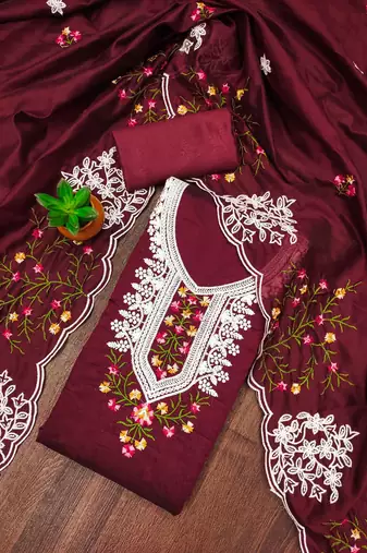 maroon cotton embroidered dress material