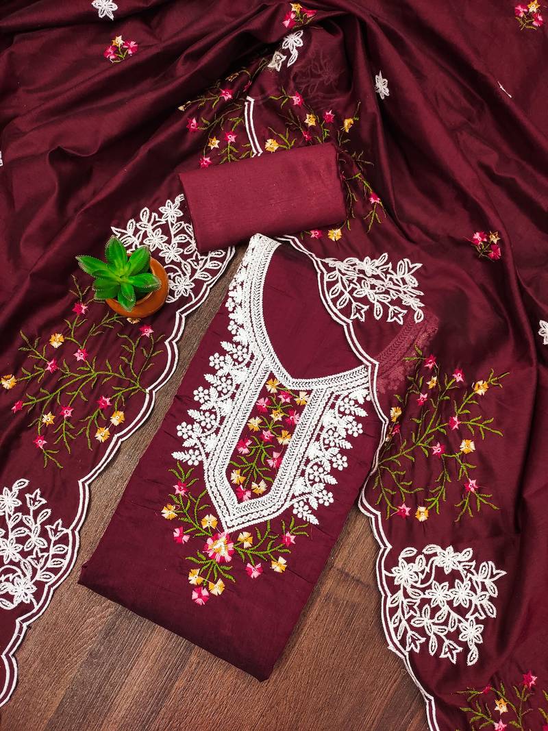 maroon cotton embroidered dress material