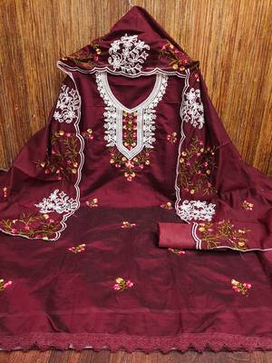 maroon cotton embroidered dress material 3
