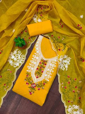 mustard cotton embroidered dress material 1