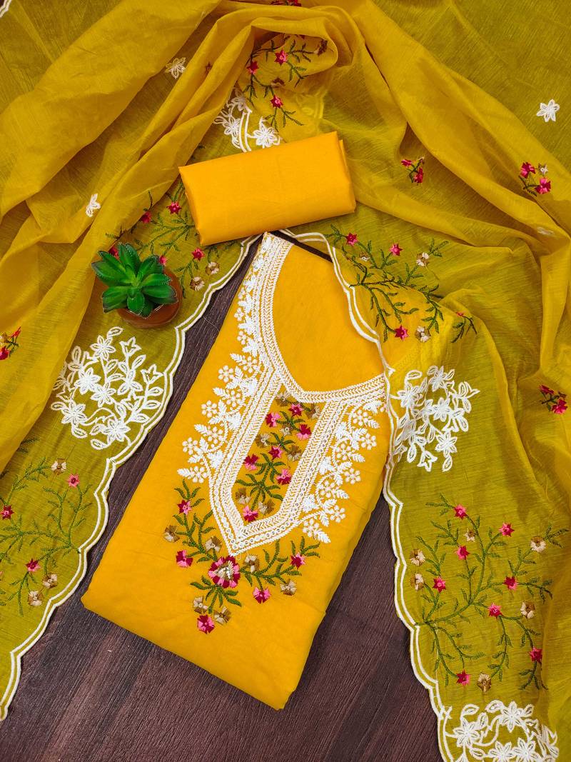 mustard cotton embroidered dress material