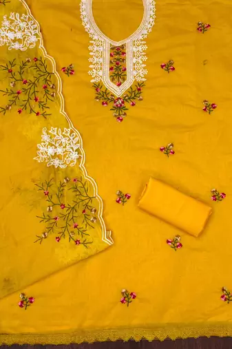 mustard cotton embroidered dress material