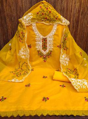mustard cotton embroidered dress material 3