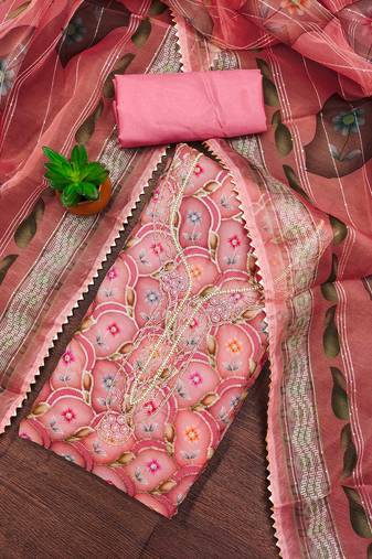 pink organza embroidered dress material