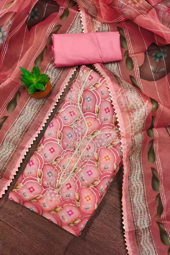 pink organza embroidered dress material