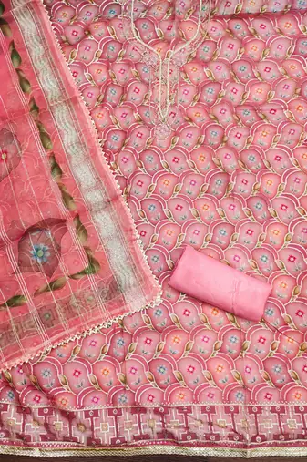pink organza embroidered dress material