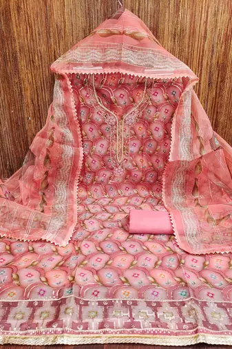 pink organza embroidered dress material