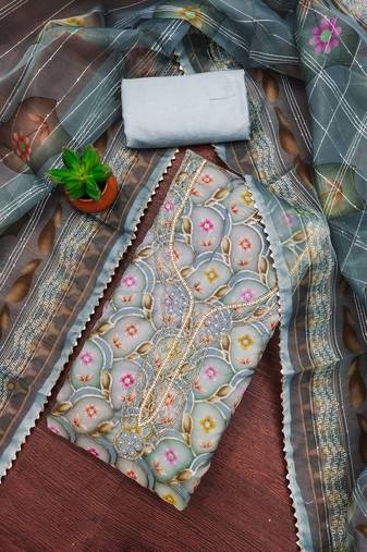 sea green organza embroidered dress material