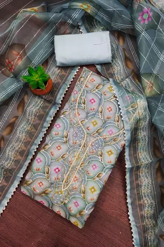 sea green organza embroidered dress material