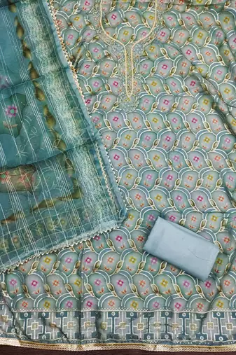 sea green organza embroidered dress material