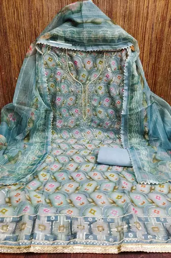 sea green organza embroidered dress material