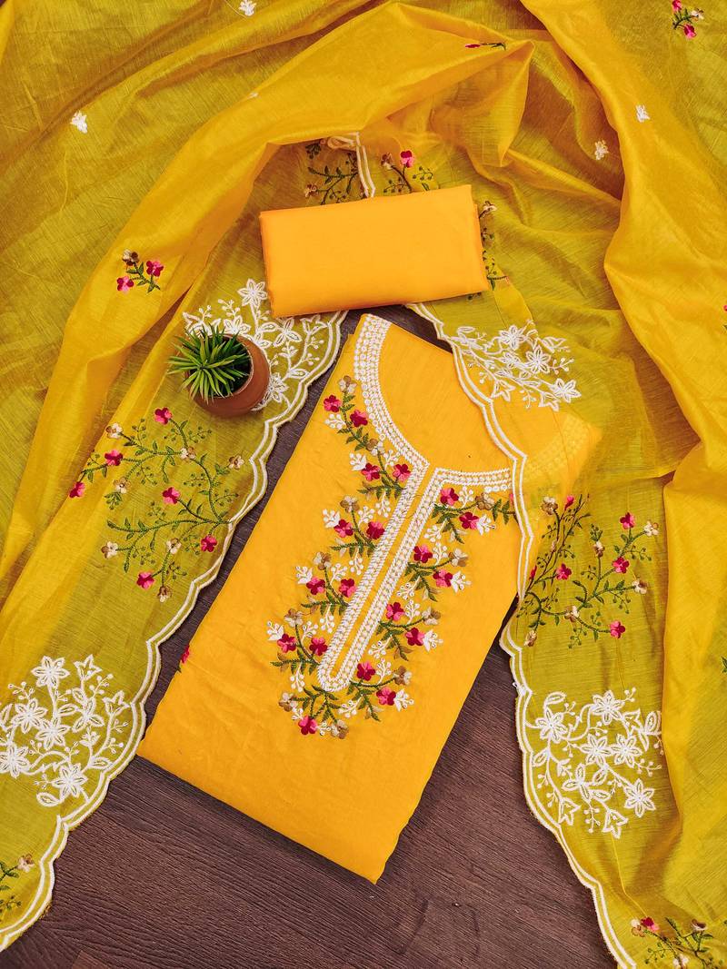 mustard cotton embroidered dress material