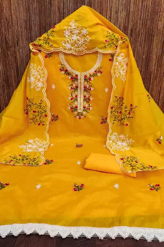mustard cotton embroidered dress material