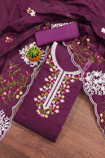 purple cotton embroidered dress material