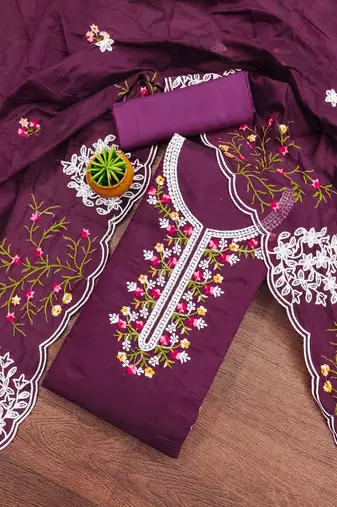 purple cotton embroidered dress material