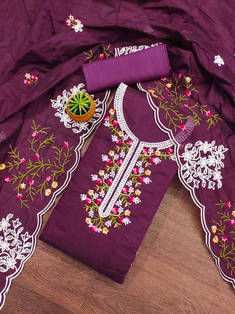 purple cotton embroidered dress material