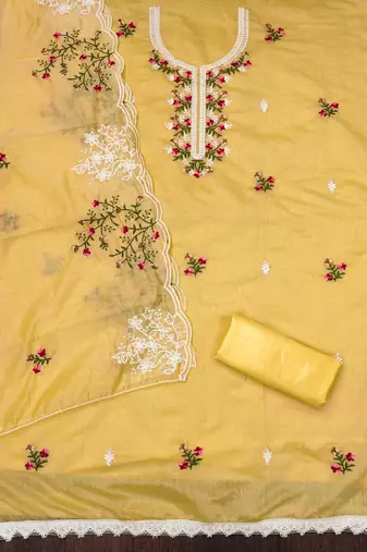yellow cotton embroidered dress material