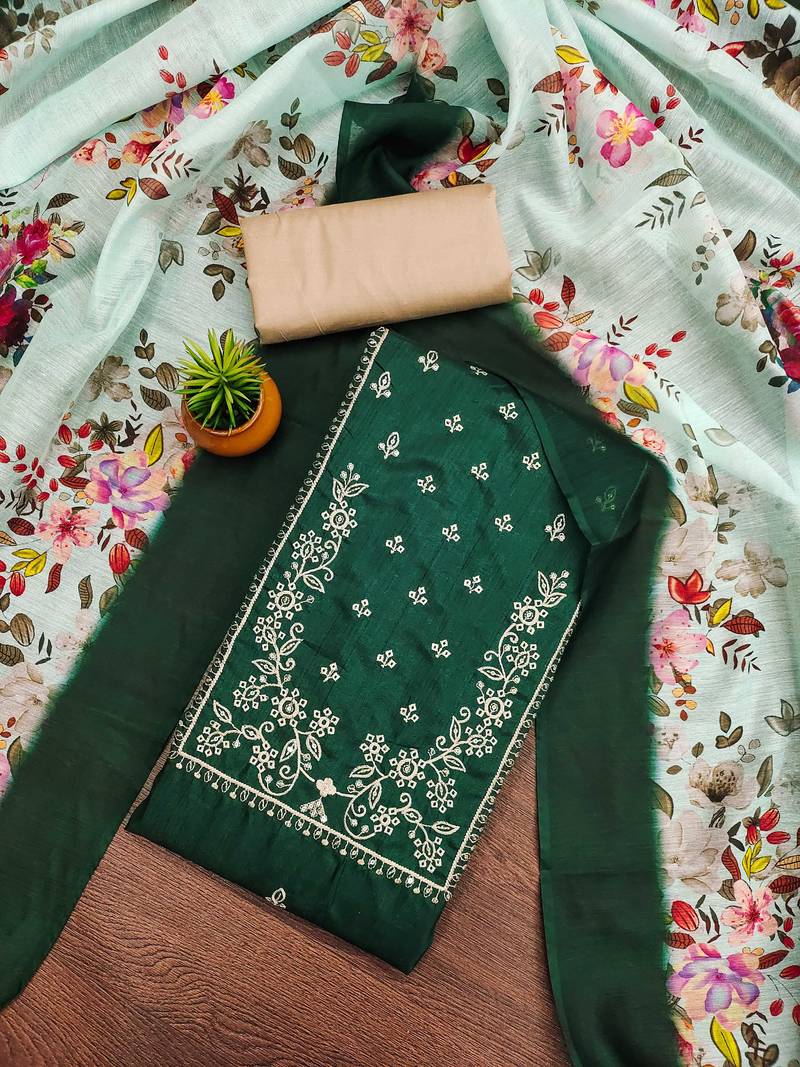 green cotton embroidered dress material