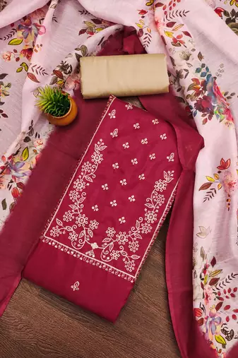 red cotton embroidered dress material