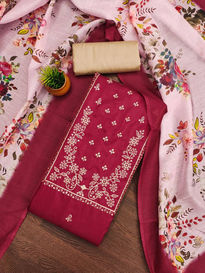 red cotton embroidered dress material
