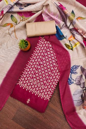 magenta cotton embroidered dress material