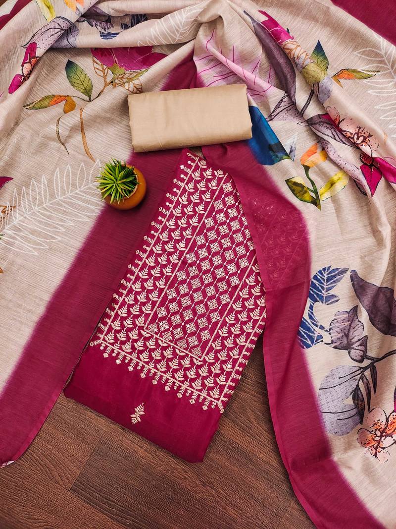 magenta cotton embroidered dress material