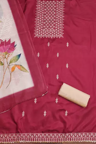 magenta cotton embroidered dress material
