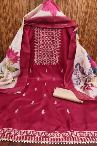 magenta cotton embroidered dress material
