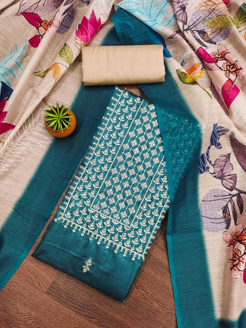 teal cotton embroidered dress material