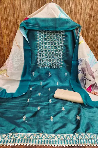 teal cotton embroidered dress material