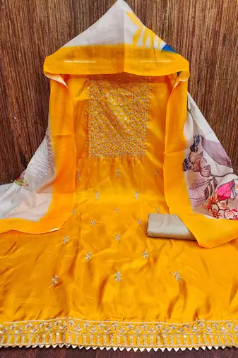 yellow cotton embroidered dress material