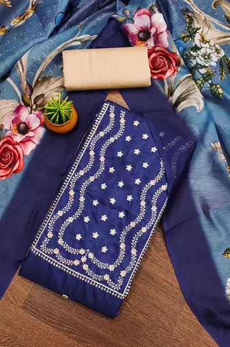 navy blue cotton embroidered dress material