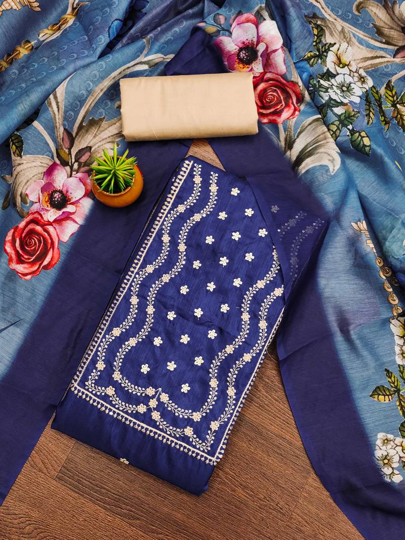 navy blue cotton embroidered dress material