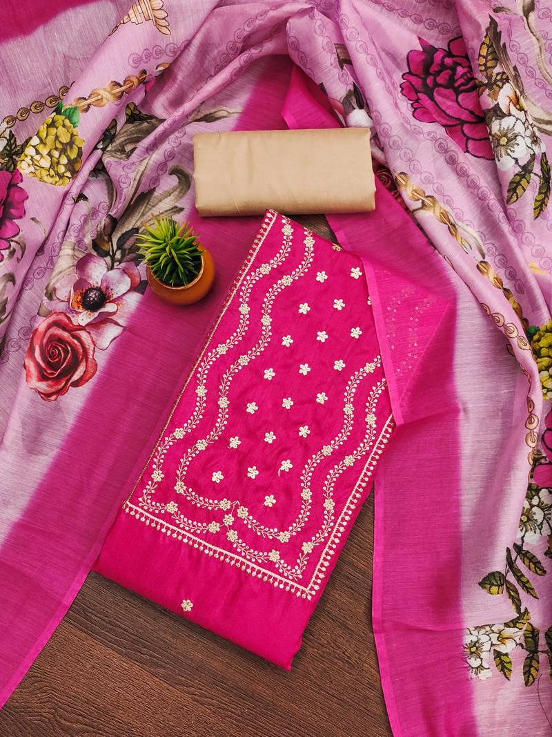 pink cotton embroidered dress material