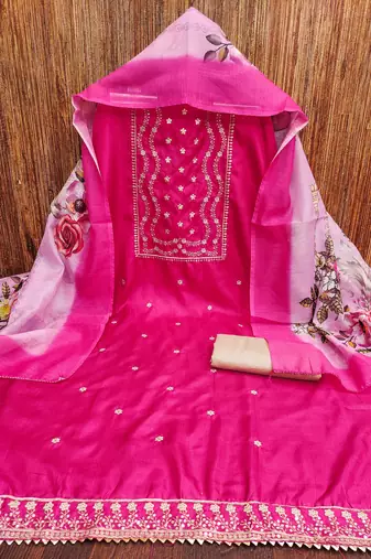 pink cotton embroidered dress material