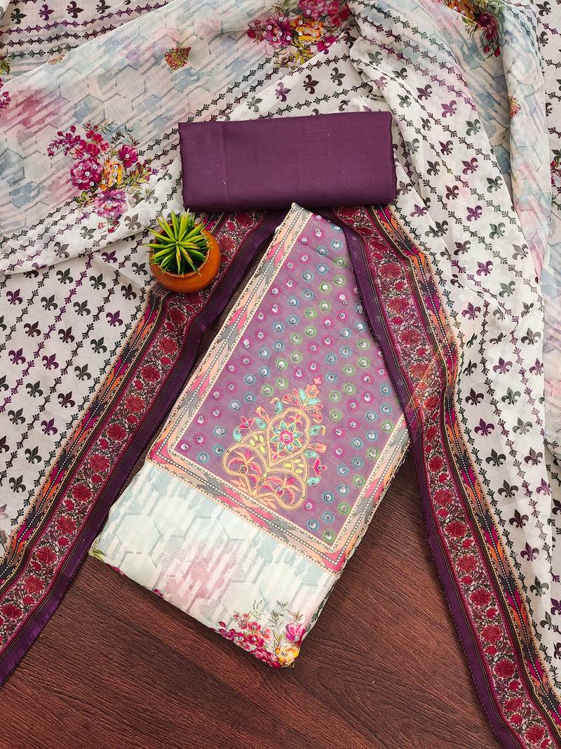 cream organza digital print dress material