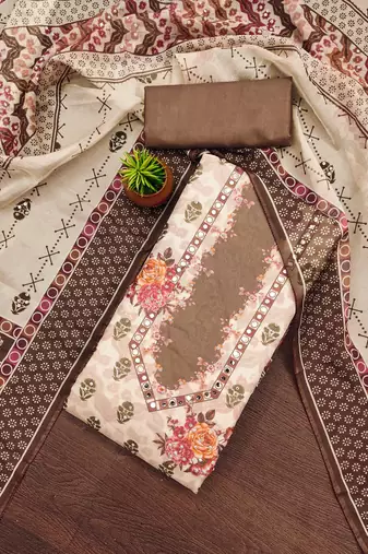 brown organza digital print dress material