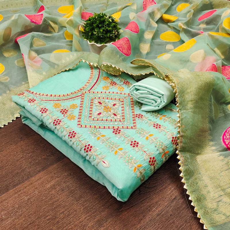 sea green cotton embroidered dress material