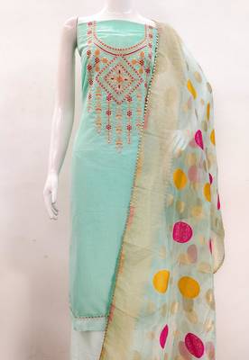 sea green cotton embroidered dress material 2