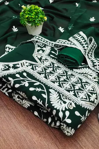green georgette embroidered dress material