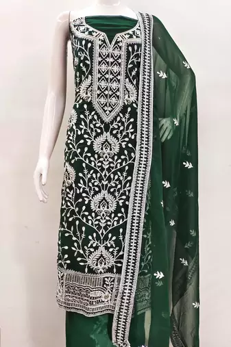 green georgette embroidered dress material
