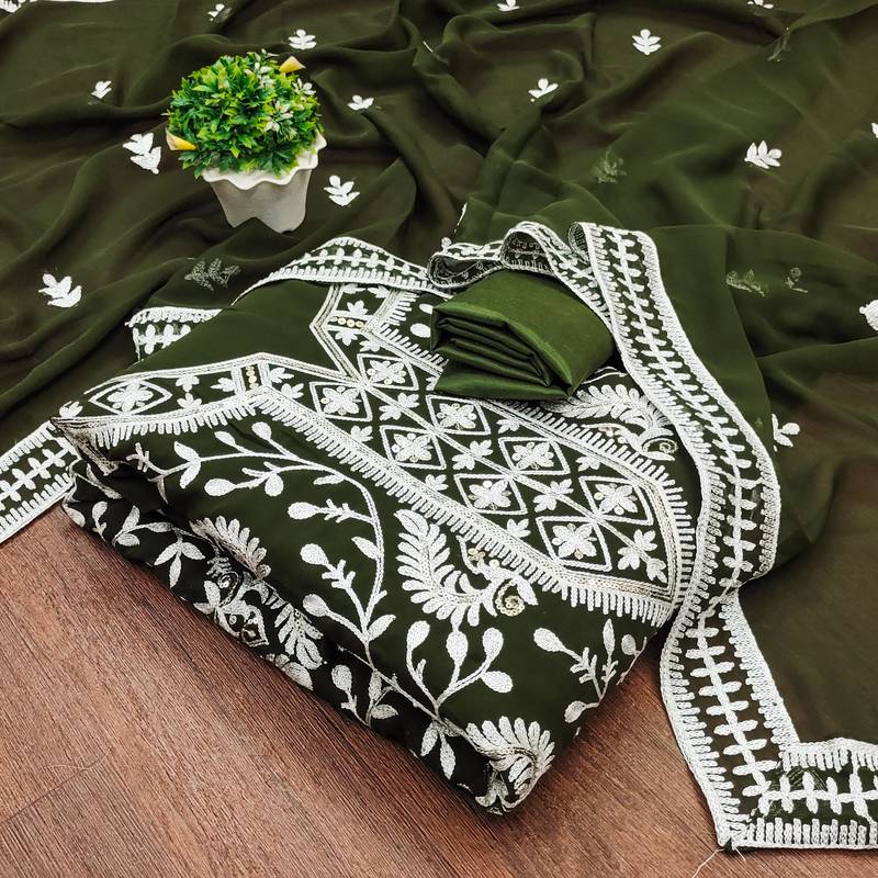 olive georgette embroidered dress material