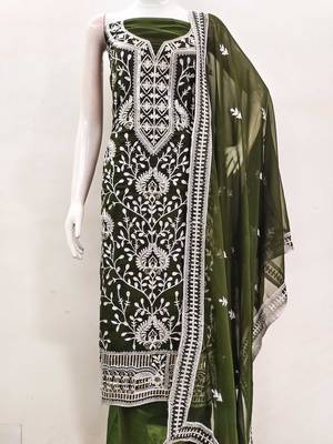 olive georgette embroidered dress material 2