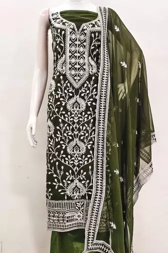 olive georgette embroidered dress material