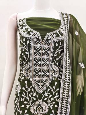 olive georgette embroidered dress material 3