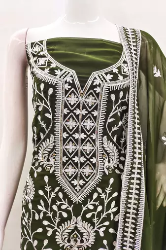 olive georgette embroidered dress material