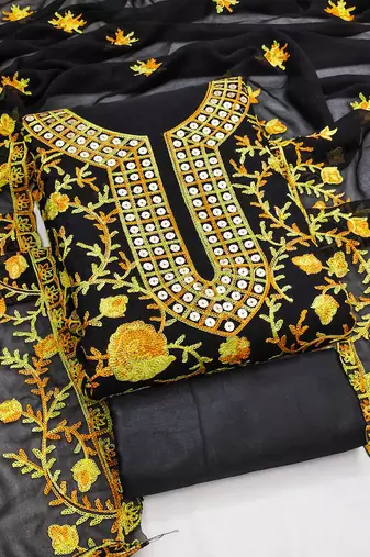 yellow georgette embroidered dress material